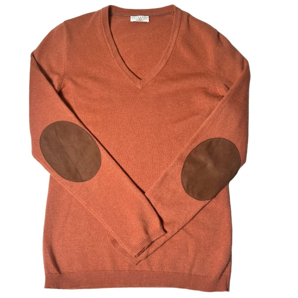 Brunello Cucinelli Cashmere Sweater w Suede Elbow Patches V-Neck Muted Orange S